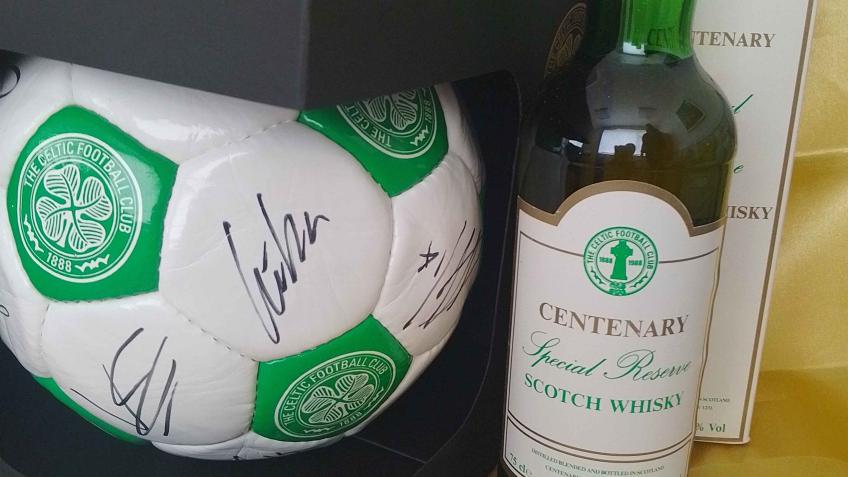 Signed Celtic Football and Club Centenary Whisky