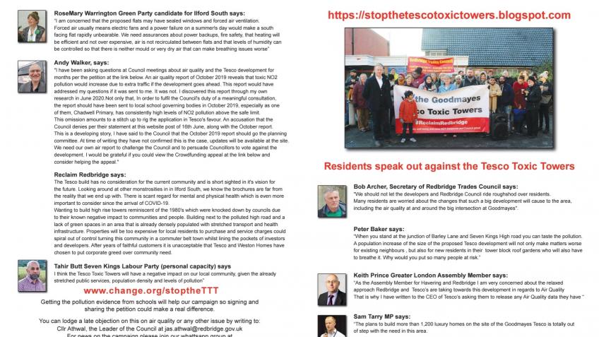 Colour leaflet to stop the Tesco Toxic Towers